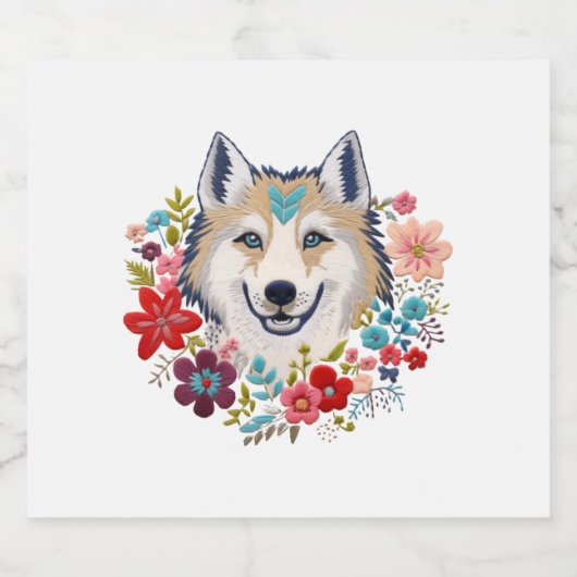 Siberische Husky met bloemen bloemenborduursel vin Sparkling Wijnetiket (Enkel label)