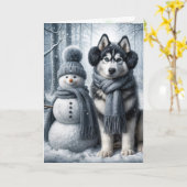 Siberische Husky met een sneeuwpop Kaart (Gele Bloem)