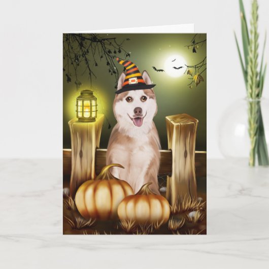Siberische Husky met Heks Pet Halloween Kaart (Voorkant)