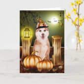 Siberische Husky met Heks Pet Halloween Kaart (Gele Bloem)