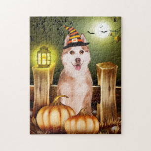 Siberische Husky met Heks Pet Halloween Legpuzzel