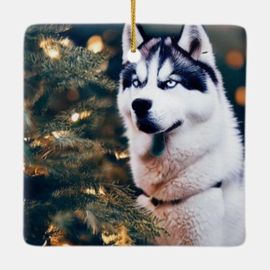 Siberische Husky met kerstbomen Keramisch Ornament (Achterkant)