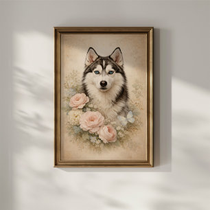 Siberische Husky met Rozen Poster