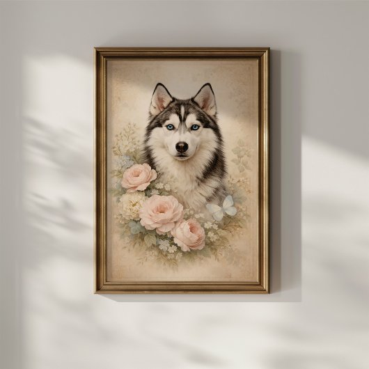 Siberische Husky met Rozen Poster
