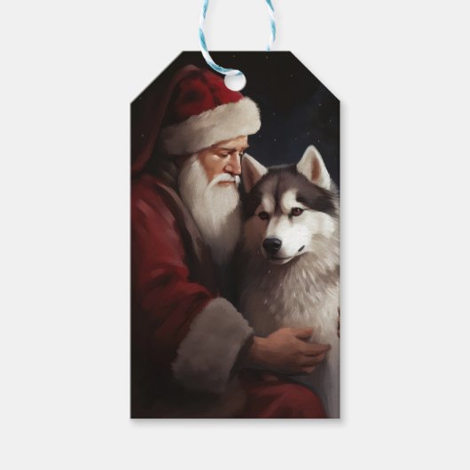 Siberische Husky Met Sinterklaas Feestelijke Kerst Cadeaulabel (Voorkant)