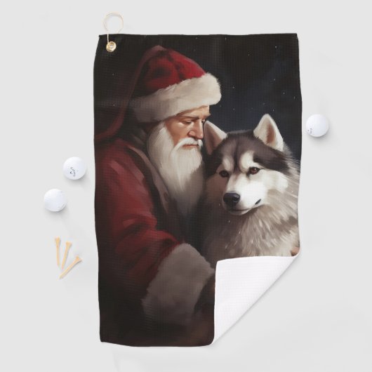 Siberische Husky Met Sinterklaas Feestelijke Kerst Golfhanddoek (Insitu)