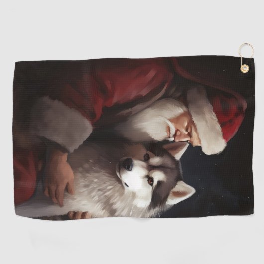 Siberische Husky Met Sinterklaas Feestelijke Kerst Golfhanddoek (Horizontaal)