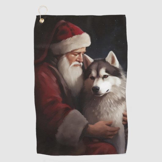 Siberische Husky Met Sinterklaas Feestelijke Kerst Golfhanddoek (Voorkant)