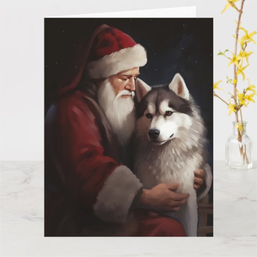 Siberische Husky Met Sinterklaas Feestelijke Kerst Kaart (Gele Bloem)