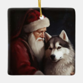 Siberische Husky Met Sinterklaas Feestelijke Kerst Keramisch Ornament (Voorkant)