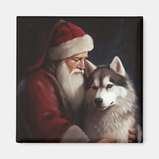 Siberische Husky Met Sinterklaas Feestelijke Kerst Magneet (Voorkant)