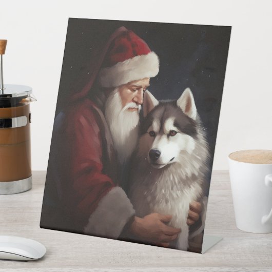 Siberische Husky Met Sinterklaas Feestelijke Kerst Reclamebord Met Voetstuk (Insitu)