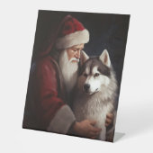 Siberische Husky Met Sinterklaas Feestelijke Kerst Reclamebord Met Voetstuk (Voorkant)