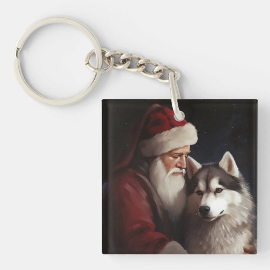 Siberische Husky Met Sinterklaas Feestelijke Kerst Sleutelhanger (Voorkant)