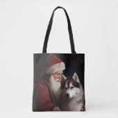 Siberische Husky Met Sinterklaas Feestelijke Kerst Tote Bag (Voorkant)