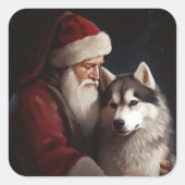 Siberische Husky Met Sinterklaas Feestelijke Kerst Vierkante Sticker (Voorkant)