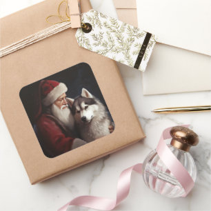 Siberische Husky Met Sinterklaas Feestelijke Kerst Vierkante Sticker