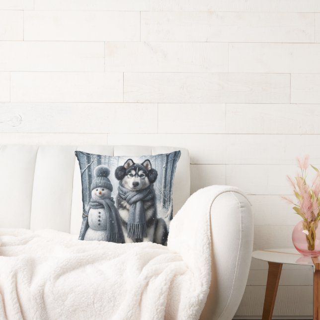 Siberische Husky met sneeuwpop Kussen (Bank)