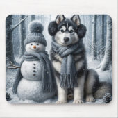 Siberische Husky met sneeuwpop Muismat (Voorkant)