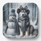 Siberische Husky met sneeuwpop Papieren Bordje (Voorkant)