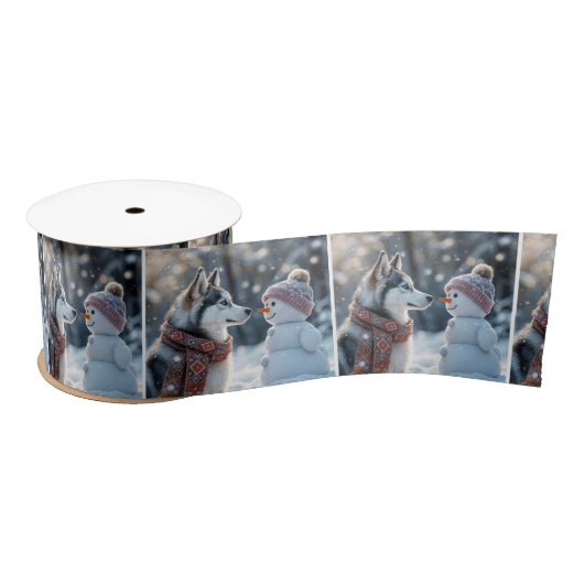 Siberische Husky met sneeuwpop Satijnen Lint (Spoel)