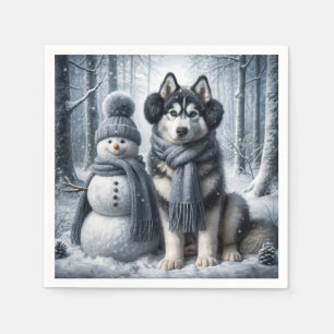 Siberische Husky met sneeuwpop Servet