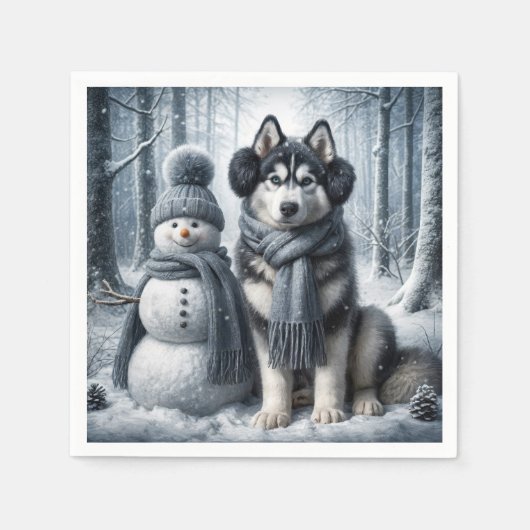 Siberische Husky met sneeuwpop Servet (Voorkant)