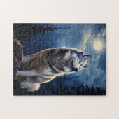 Siberische Husky op een maanverlichte nacht Legpuzzel (Horizontaal)