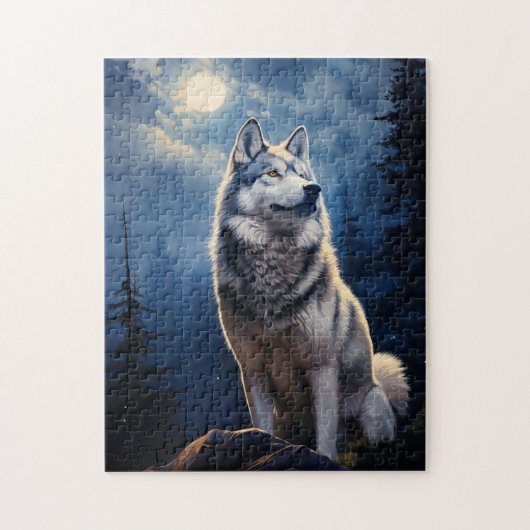 Siberische Husky op een maanverlichte nacht Legpuzzel (Verticaal)