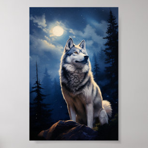 Siberische Husky op een maanverlichte nacht Poster