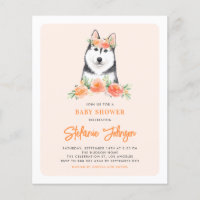 Siberische Husky Perzik Bloemen Baby shower Uitnod