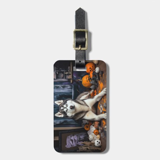Siberische Husky pompoenen Halloween eng Bagagelabel (Voorkant verticaal)