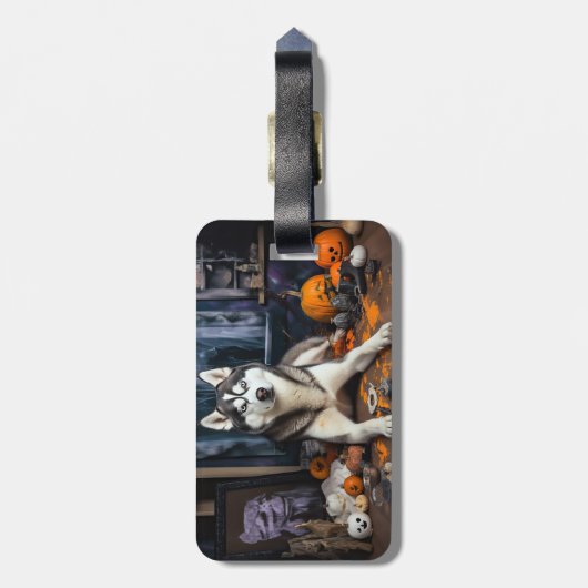 Siberische Husky pompoenen Halloween eng Bagagelabel (Achterkant verticaal)