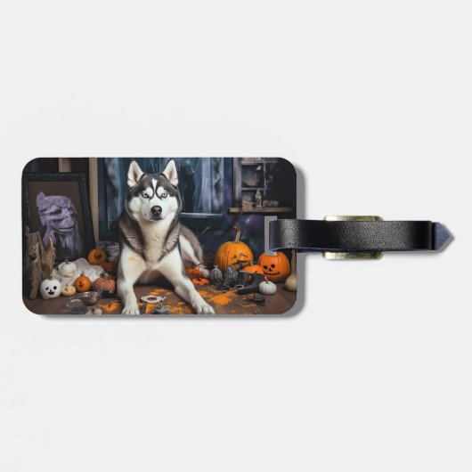 Siberische Husky pompoenen Halloween eng Bagagelabel (Achterkant horizontaal)