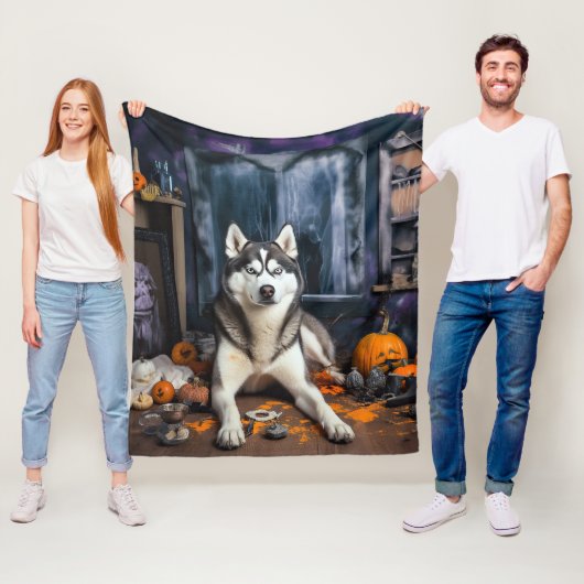 Siberische Husky pompoenen Halloween eng Fleece Deken (In situ)