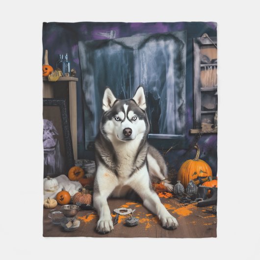 Siberische Husky pompoenen Halloween eng Fleece Deken (Voorkant)