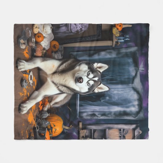 Siberische Husky pompoenen Halloween eng Fleece Deken (Voorkant (Horizontaal))