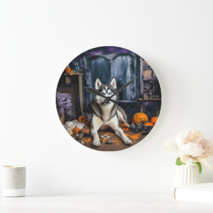 Siberische Husky pompoenen Halloween eng Grote Klok