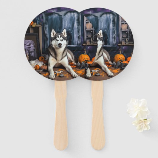Siberische Husky pompoenen Halloween eng Handwaaier (Voorkant en achterkant)