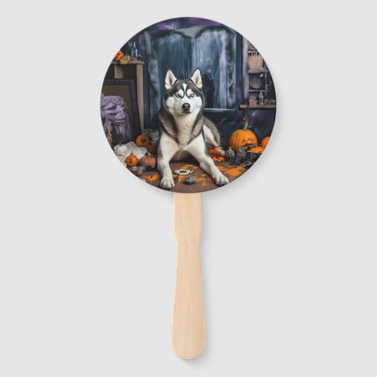 Siberische Husky pompoenen Halloween eng Handwaaier (Voorkant)