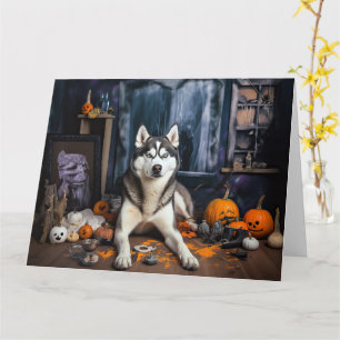 Siberische Husky pompoenen Halloween eng Kaart