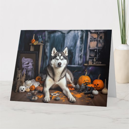 Siberische Husky pompoenen Halloween eng Kaart (Voorkant)