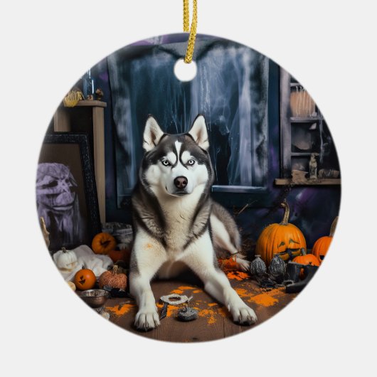 Siberische Husky pompoenen Halloween eng Keramisch Ornament (Voorkant)