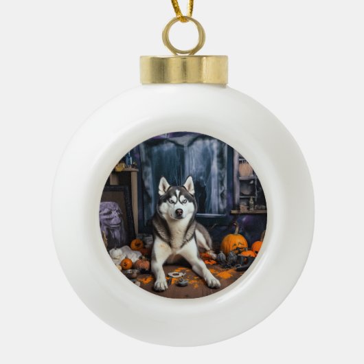 Siberische Husky pompoenen Halloween eng Keramische Bal Ornament (Voorkant)