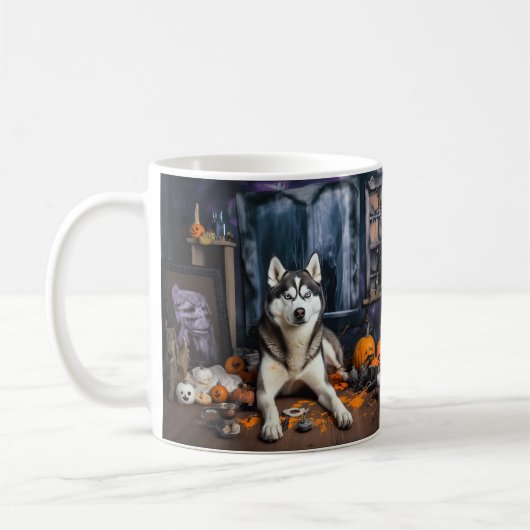 Siberische Husky pompoenen Halloween eng Koffiemok (Links)