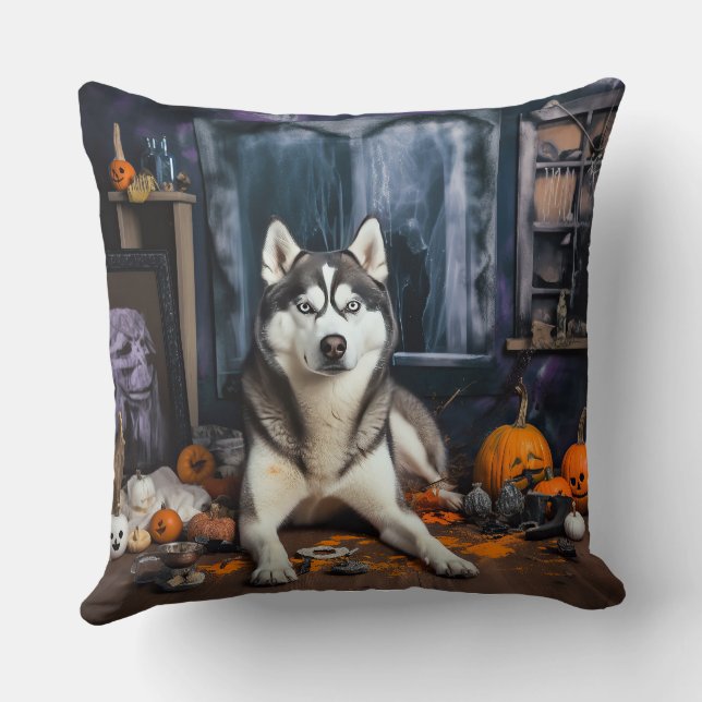 Siberische Husky pompoenen Halloween eng Kussen (Achterkant)
