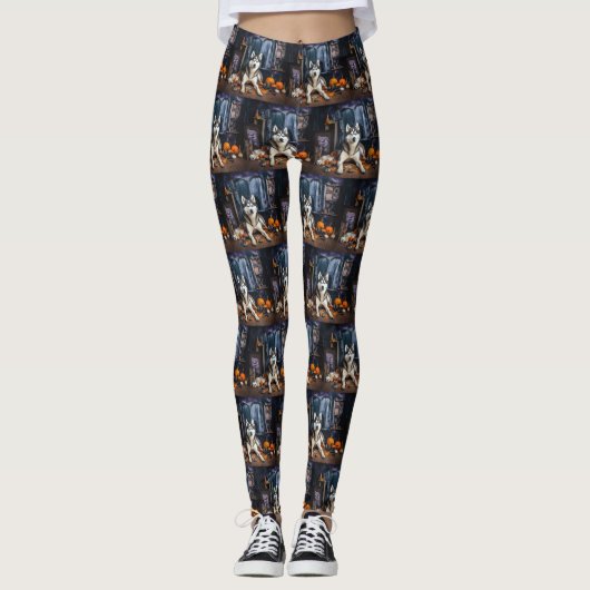 Siberische Husky pompoenen Halloween eng Leggings (Voorkant)