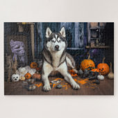 Siberische Husky pompoenen Halloween eng Legpuzzel (Horizontaal)