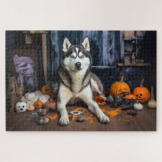 Siberische Husky pompoenen Halloween eng Legpuzzel (Horizontaal)