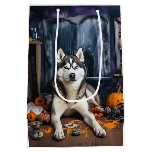 Siberische Husky pompoenen Halloween eng Medium Cadeauzakje (Achterkant)